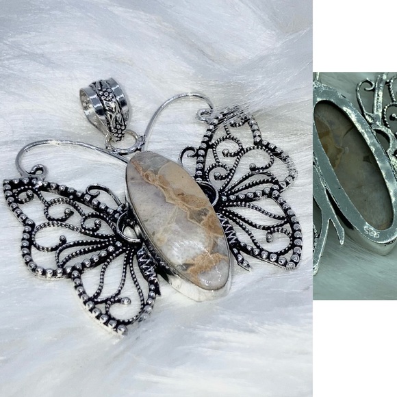 Natural Ocean Jasper Handmade Butterfly Pendant - Picture 4 of 5